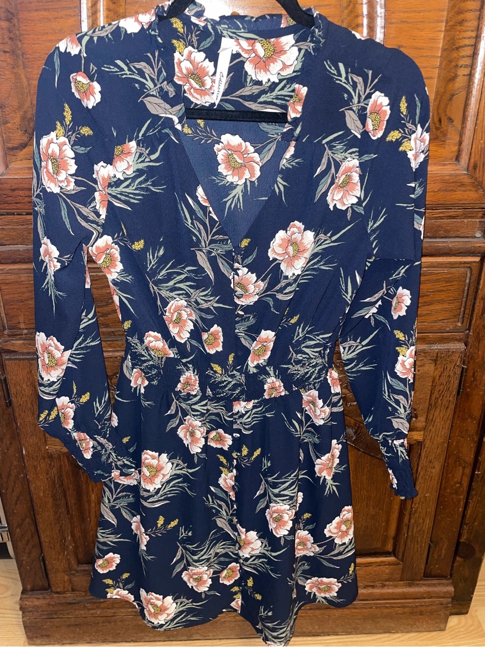 NY Collection Navy Floral Long-Sleeve Fall Wrap Dress